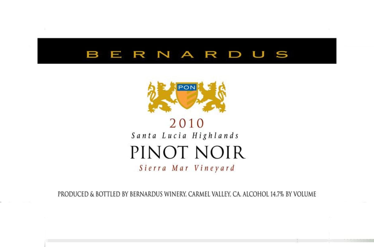 Bernardus Sierra Mar Vineyard Pinot Noir 2010 Front Label