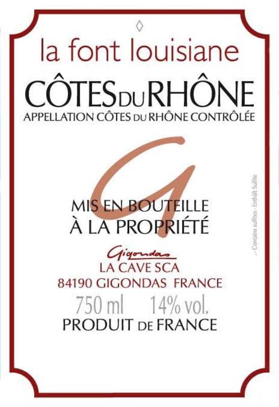 Gigondas La Cave Cotes du Rhone La Font Louisiane 2014 Front Label
