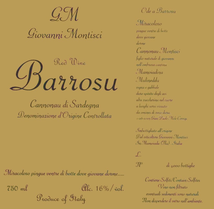 Giovanni Montisci Cannonau di Sardegna Riserva 2013 Front Label