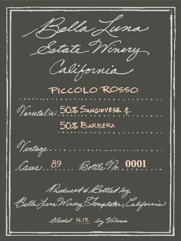 Bella Luna Winery Piccolo Rosso 2015 Front Label