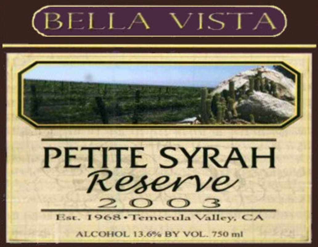 Bella Vista Winery Reserve Petite Sirah 2003 Front Label