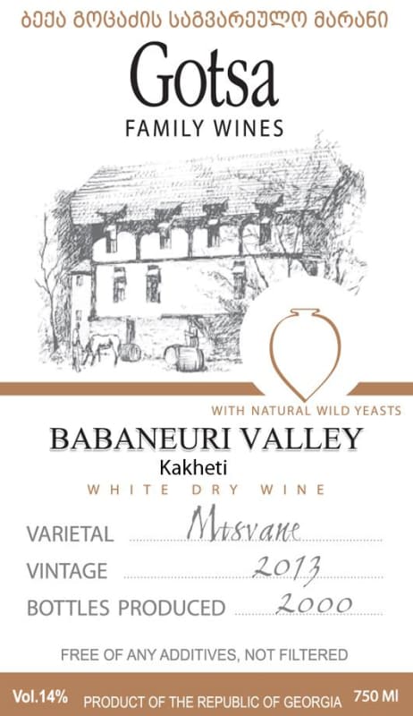 Gotsa Wines Babaneuri Valley Mtsvane 2013 Front Label