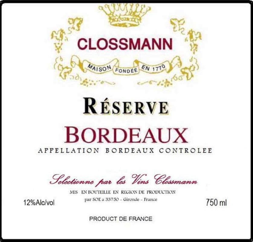 Groupe Castel Clossmann Reserve 2013 Front Label