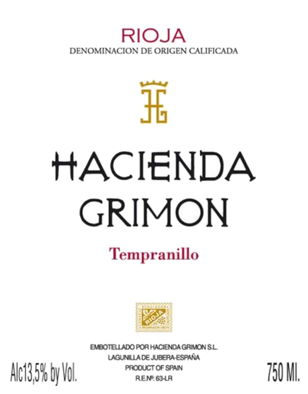 Hacienda Grimon Tempranillo 2015 Front Label