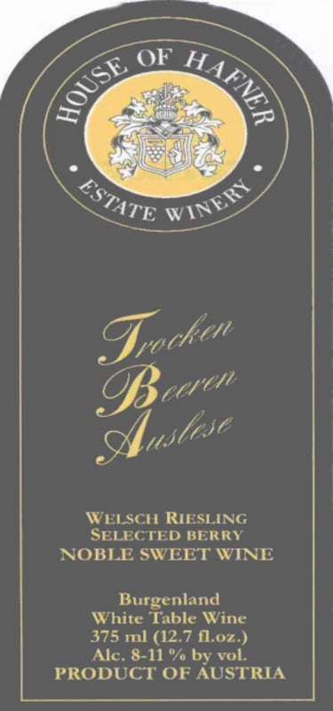 Hafner Koscher Weine T.B.A. Trockenbeerenauslese Essencia Scheurebe 2007 Front Label