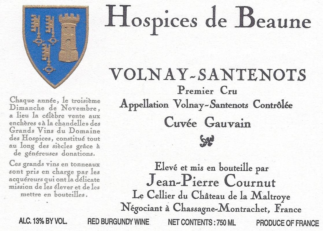 Hospices Civiles de Beaune Volnay-Santenots Cuvee Gauvain Premier Cru 2005 Front Label