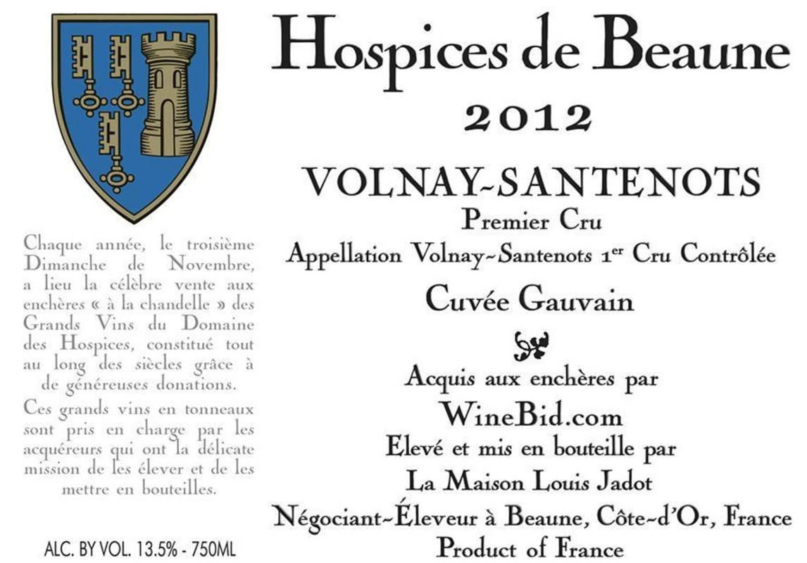 Hospices Civiles de Beaune Volnay-Santenots Cuvee Gauvain Premier Cru 2012 Front Label