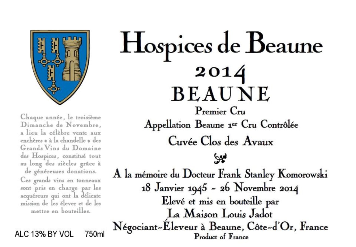 Hospices Civiles de Beaune Beaune Cuvee Clos des Avaux Premier Cru 2014 Front Label