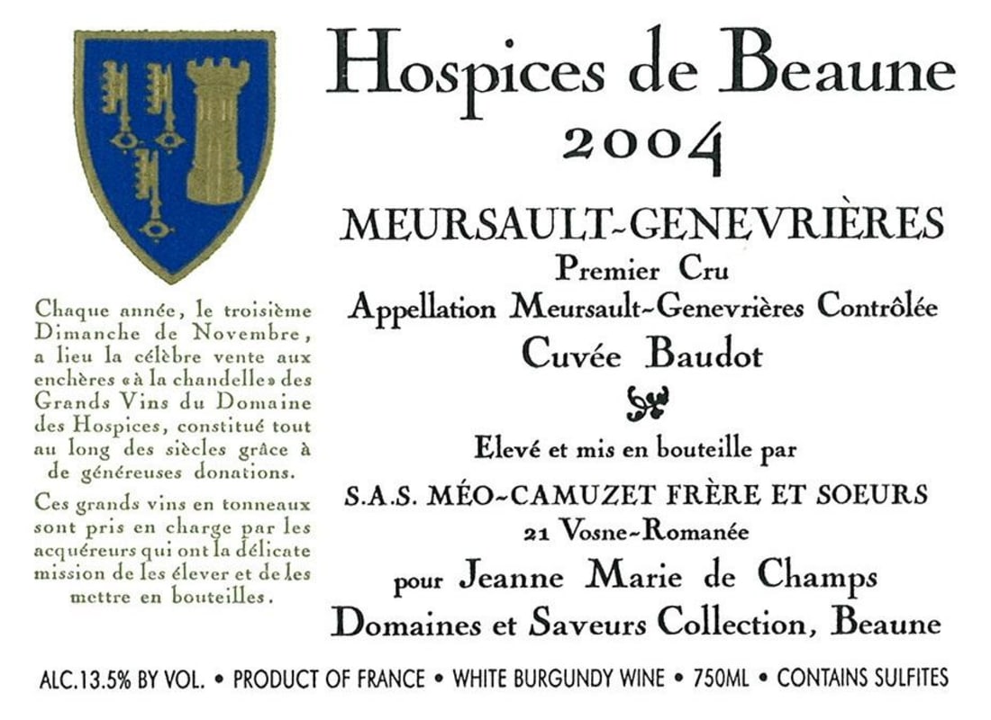 Hospices Civiles de Beaune Meursault-Genevrieres Cuvee Baudot Premier Cru 2004 Front Label