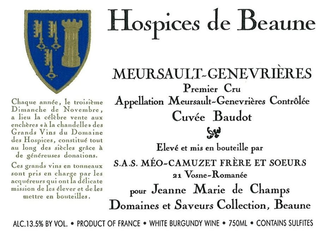 Hospices Civiles de Beaune Meursault-Genevrieres Cuvee Baudot Premier Cru 2009 Front Label