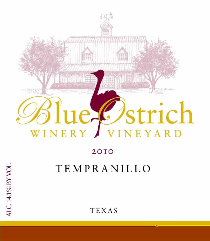 Blue Ostrich Winery & Vineyard Tempranillo 2010 Front Label
