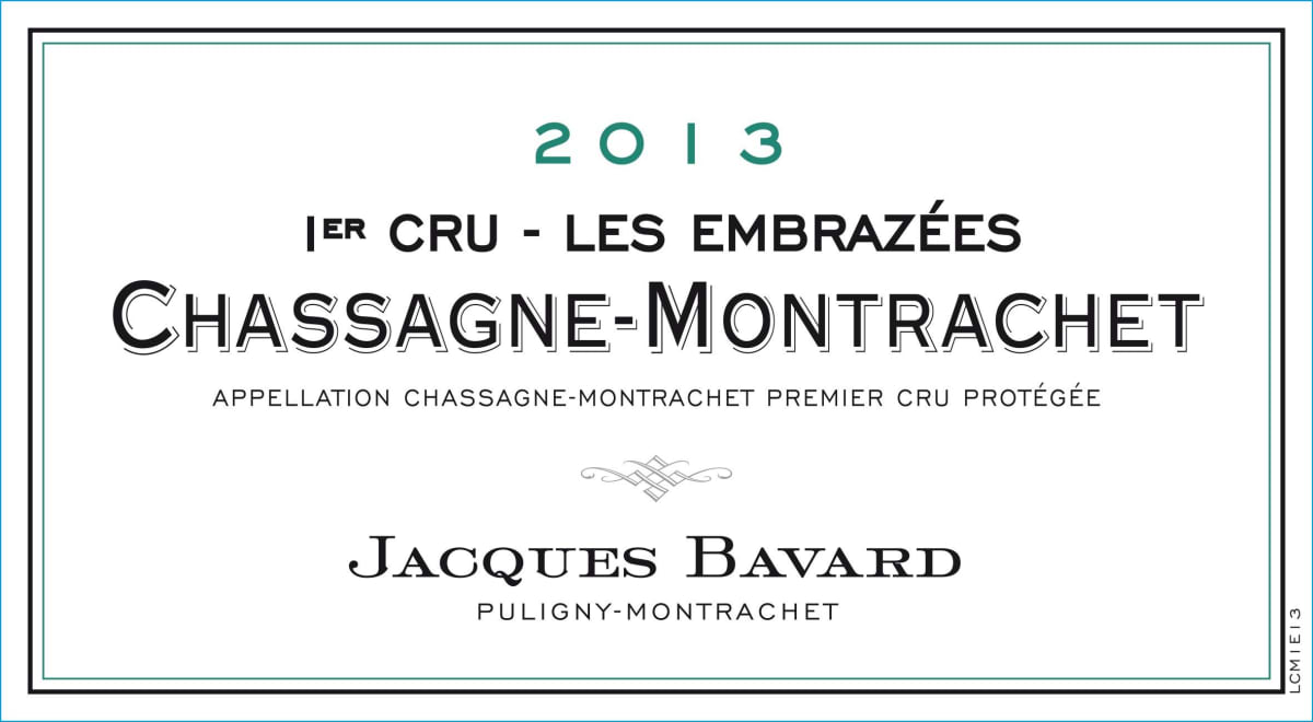 Jacques Bavard Chassagne-Montrachet Les Embrazees Premier Cru 2013 Front Label
