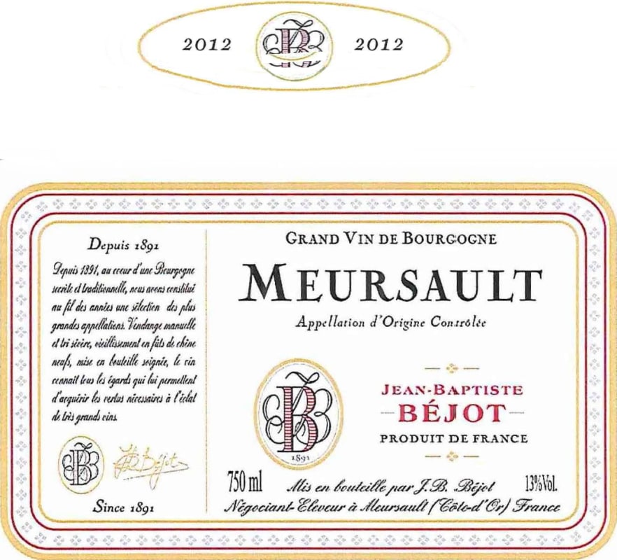 Jean Baptiste Bejot Meursault 2012 Front Label