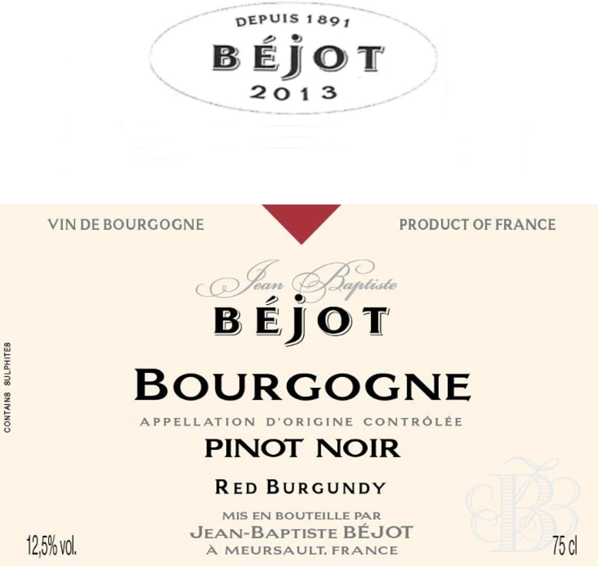 Jean Baptiste Bejot Bourgogne Pinot Noir 2013 Front Label