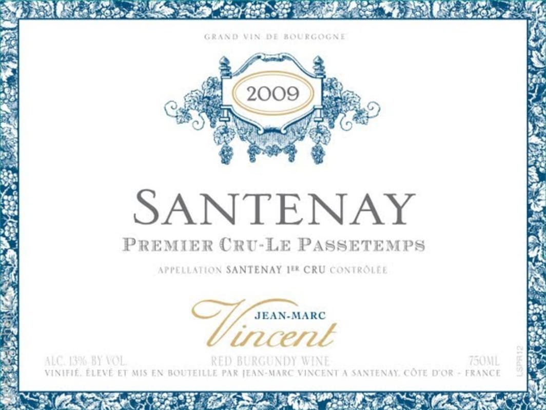 Jean-Marc Vincent Santenay Le Passetemps Premier Cru 2009 Front Label