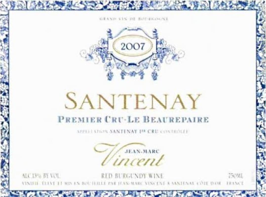 Jean-Marc Vincent Santenay Beaurepaire Premier Cru 2007 Front Label