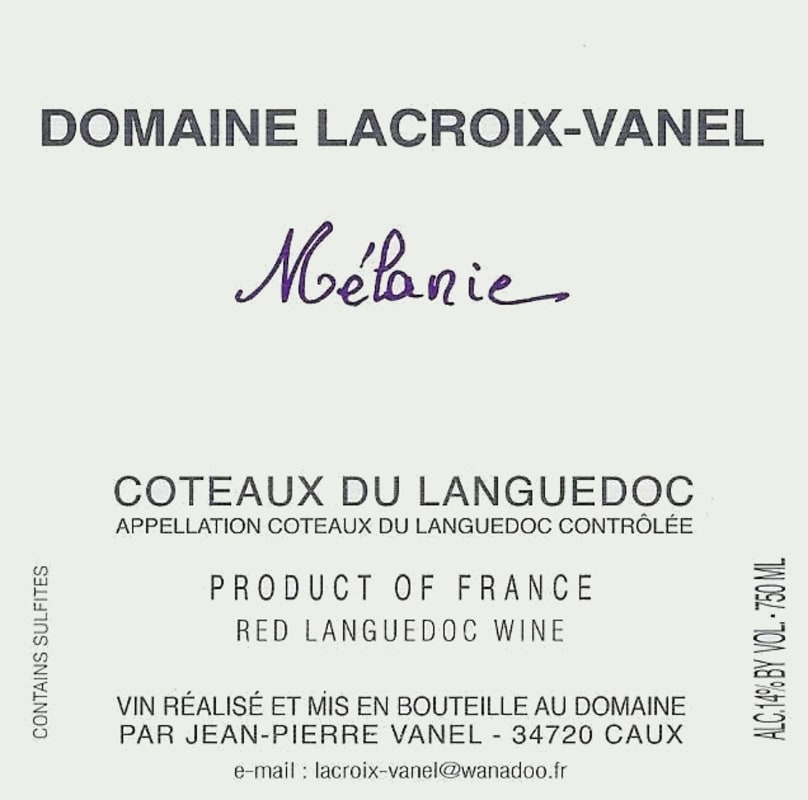 Jean-Pierre Vanel Coteaux du Languedoc Melanie 2013 Front Label