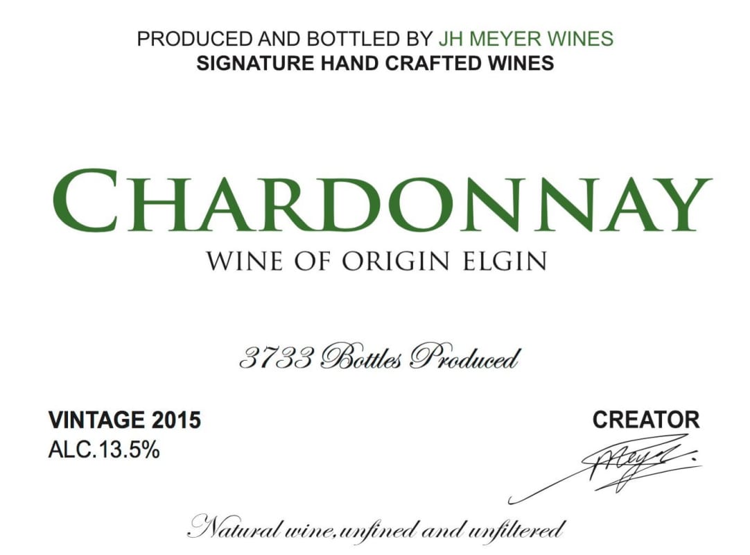 JH Meyer Wines Chardonnay 2015 Front Label