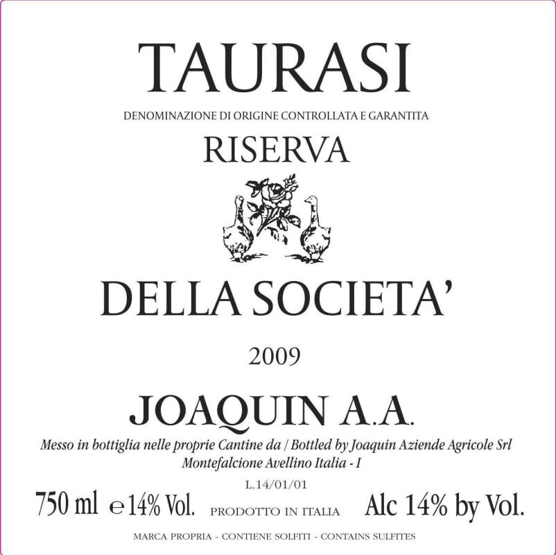 Joaquin Della Societa Taurasi Riserva 2009 Front Label