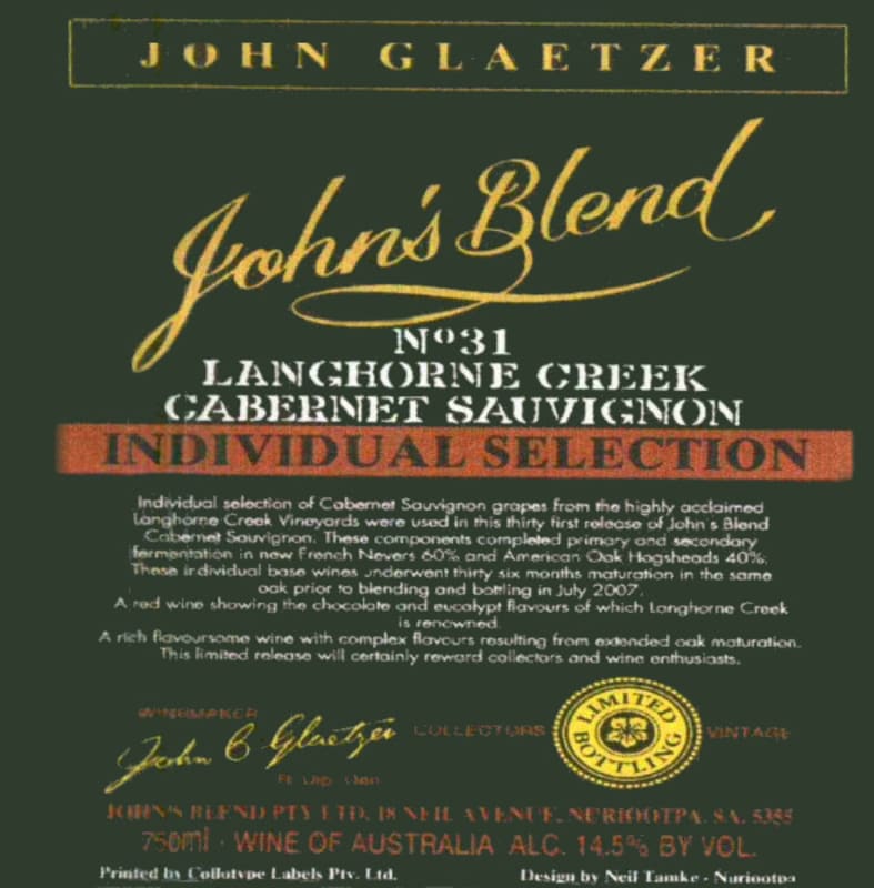 John's Blend Individual Selection Cabernet Sauvignon 2010 Front Label