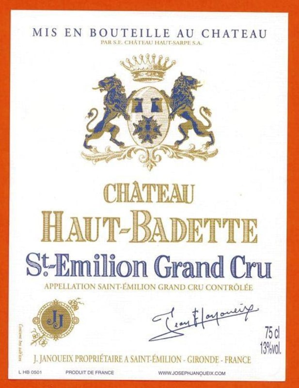 Joseph Janoueix St.-Emilion Chateau Haut Badette Grand Cru 2012 Front Label