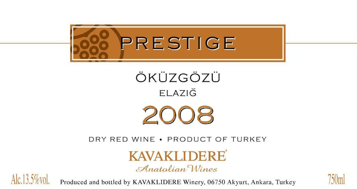 Kavaklidere Wines Co Prestige Okuzgozu 2008 Front Label