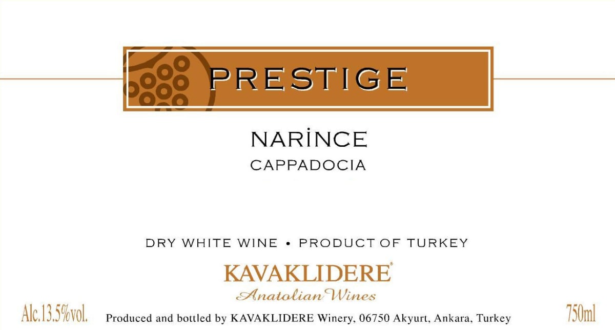 Kavaklidere Wines Co Prestige Narince 2014 Front Label