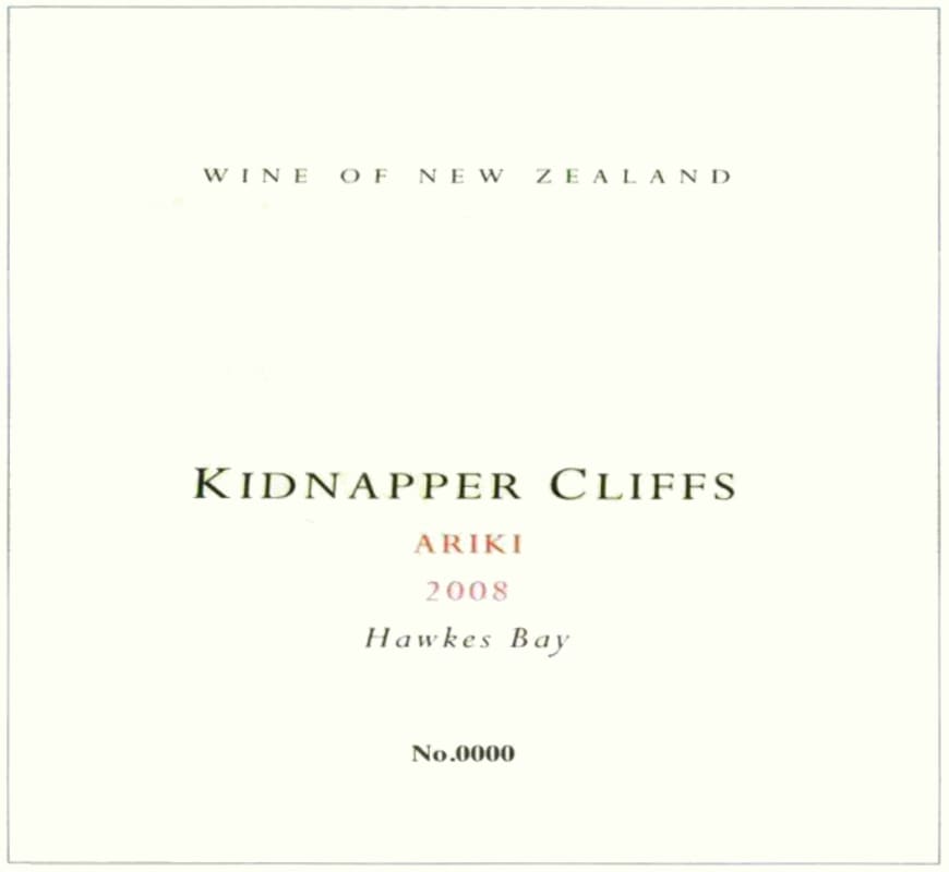 Kidnapper Cliffs Wines Hawke's Bay Ariki 2008 Front Label