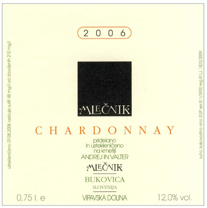 Kmetija Mlecnik Chardonnay 2006 Front Label