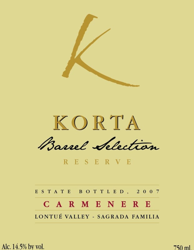 Korta Wines Barrel Selection Reserva Carmenere 2007 Front Label