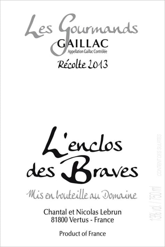 L' Enclos des Braves Gaillac Les Gourmands Rouge 2013 Front Label