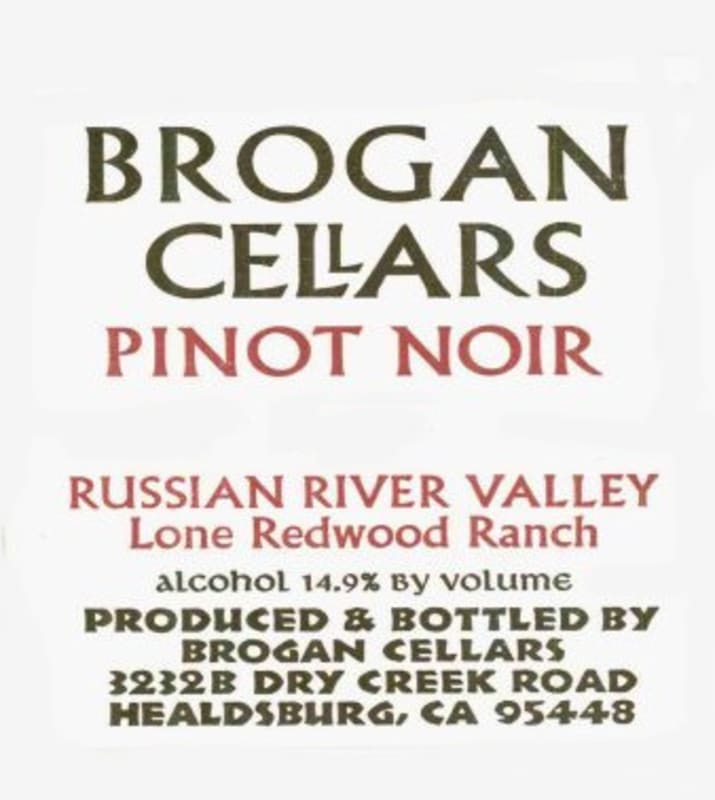 Brogan Cellars Lone Redwood Ranch Pinot Noir 2002 Front Label