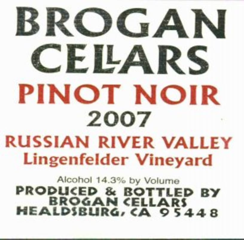 Brogan Cellars Lingenfelder Vineyard Pinot Noir 2007 Front Label