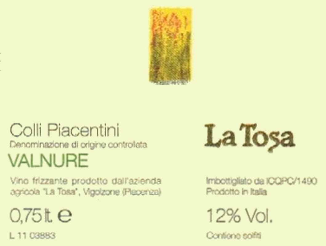 La Tosa Colli Piacentini Valnure 2013 Front Label