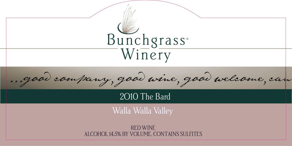 Bunchgrass Winery The Bard 2010 Front Label
