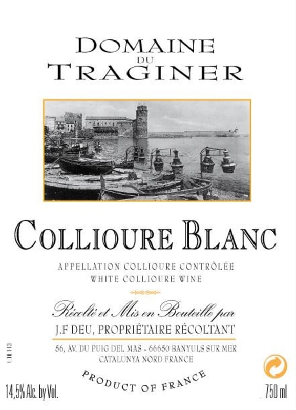 Le Domaine Du Traginer Collioure Blanc 2014 Front Label