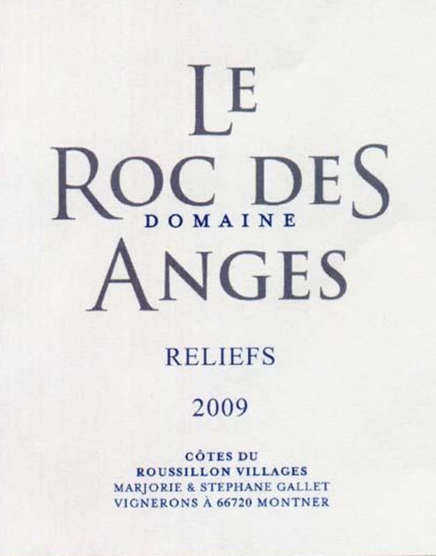 Le Roc des Anges Cotes du Roussillon Villages Reliefs 2009 Front Label