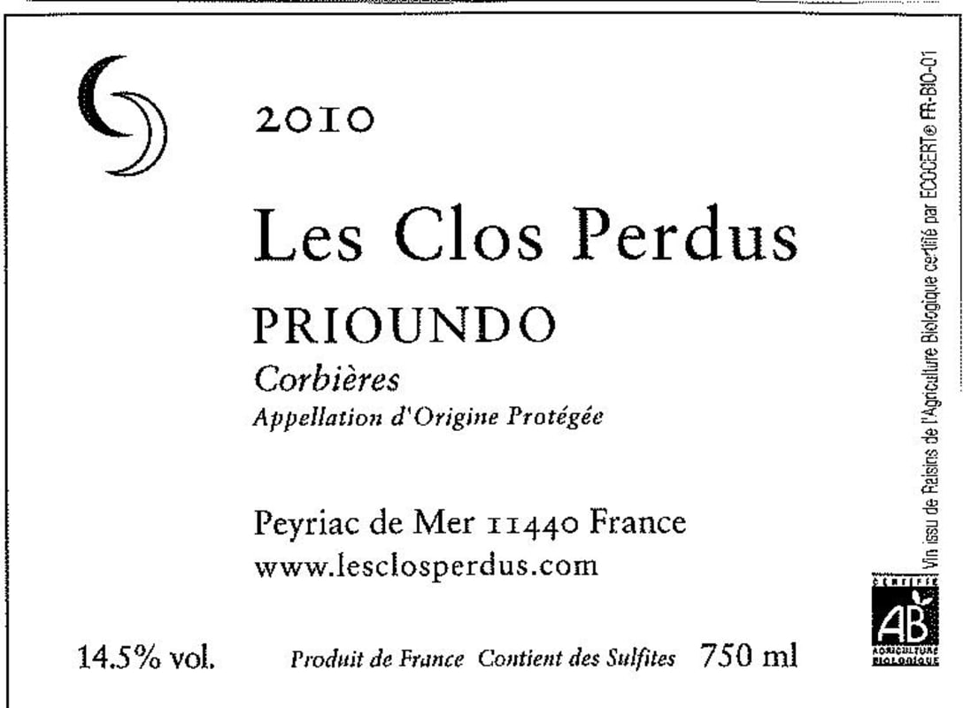Les Clos Perdus Prioundo 2010 Front Label