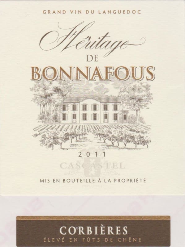 Les Maitres Vignerons de Cascatel Corbieres Heritage de Bonnafous 2011 Front Label