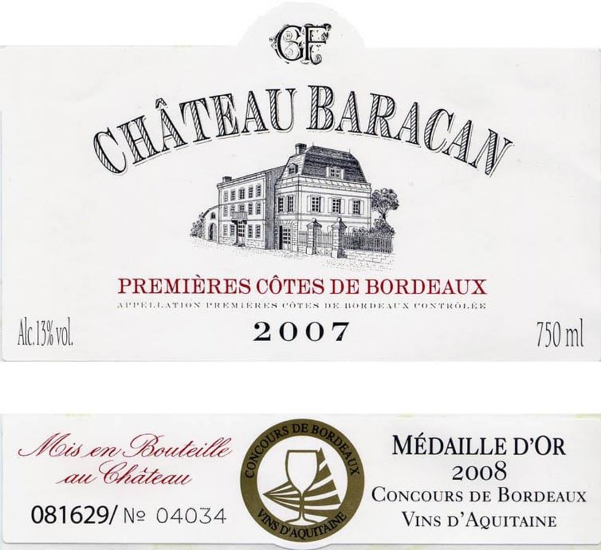 Les Vignobles Gonfrier Cotes de Bordeaux Chateau Baracan Premiers 2007 Front Label