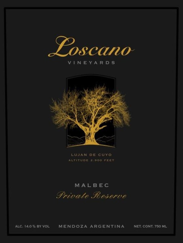 Loscano Private Reserve Malbec 2012 Front Label
