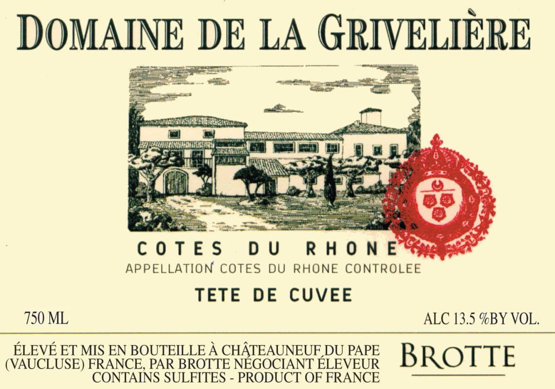 Maison Brotte Cotes du Rhone la Griveliere Tete de Cuvee 2009 Front Label
