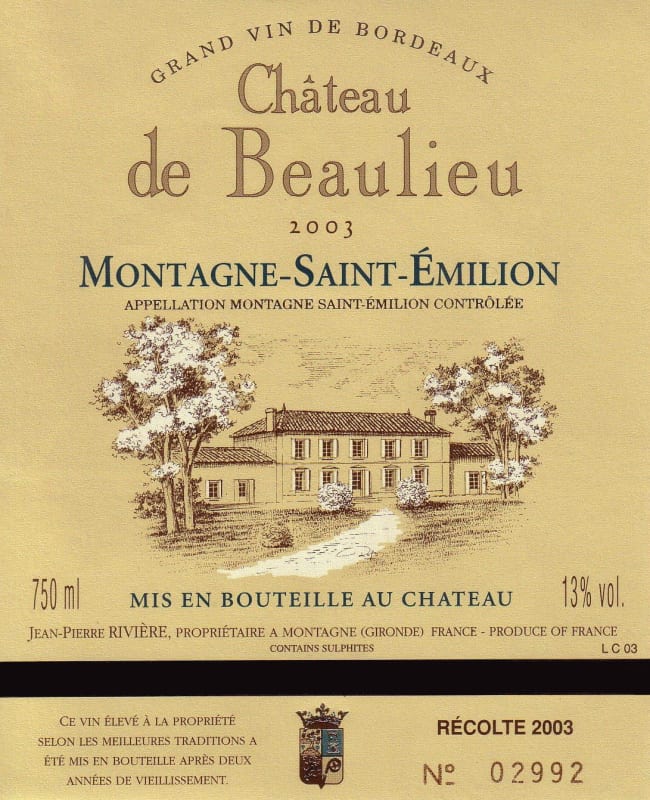 Maison Riviere Chateau De Beaulieu 2003 Front Label