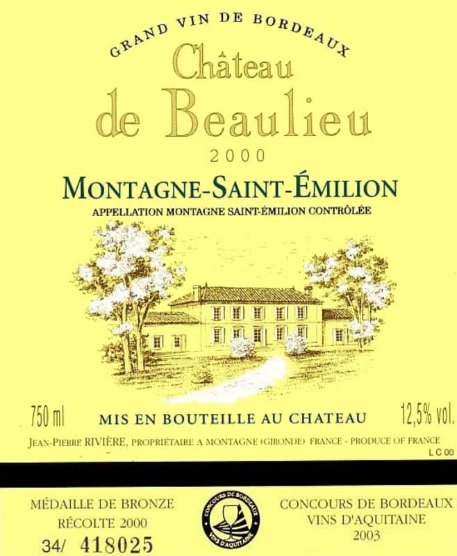 Maison Riviere Chateau De Beaulieu 2000 Front Label
