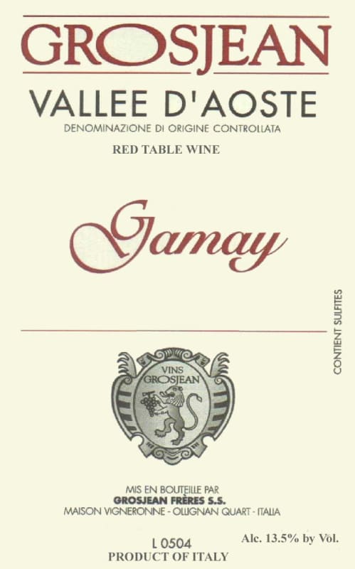 Grosjean Vallee d'Aoste Gamay 2013 Front Label