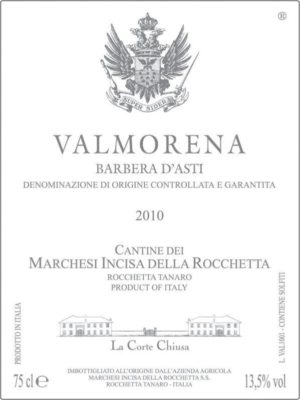 Marchesi Incisa della Rocchetta Barbera d'Asti Valmorena 2010 Front Label