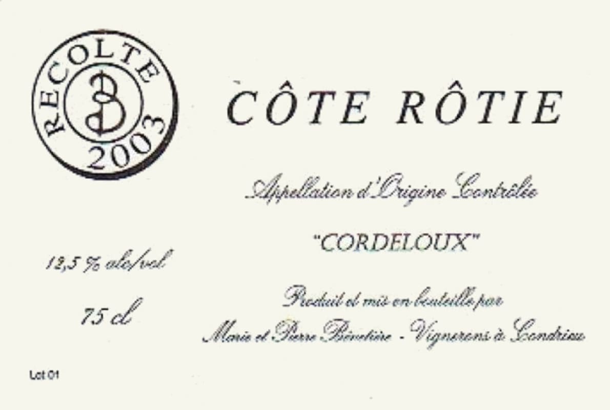 Marie et Pierre Benetiere Cote Rotie Cordeloux 2003 Front Label
