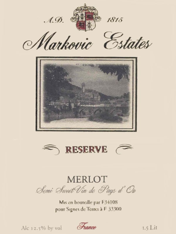Markovic Estates Semi Sweet Reserve Merlot 2012 Front Label