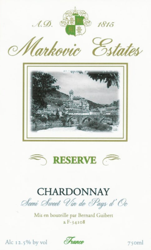 Markovic Estates Semi Sweet Reserve Chardonnay 2014 Front Label