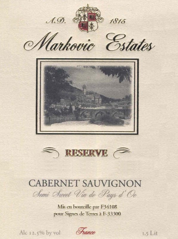 Markovic Estates Semi Sweet Reserve Cabernet Sauvignon 2013 Front Label